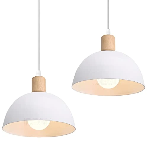iDEGU Lot de 2 Lustres Suspensions Rétro Suspension Luminaire Moderne Style Demi-Cercle Plafonnier E27 en Bois Métal Lampe Suspension pour Chambre Salle à Manger Cuisine, Ø 20CM (2 Pack Blanc)