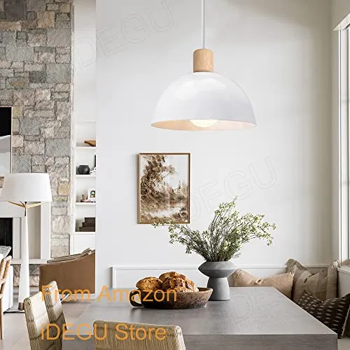 iDEGU Lot de 2 Lustres Suspensions Rétro Suspension Luminaire Moderne Style Demi-Cercle Plafonnier E27 en Bois Métal Lampe Suspension pour Chambre Salle à Manger Cuisine, Ø 20CM (2 Pack Blanc)