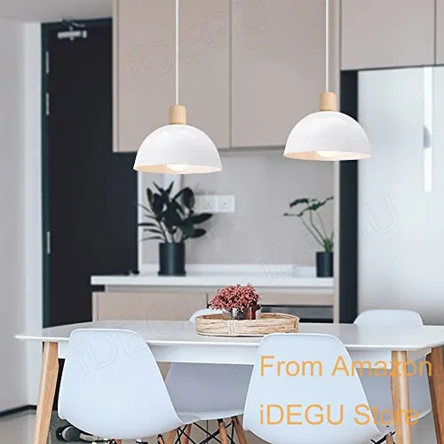 iDEGU Lot de 2 Lustres Suspensions Rétro Suspension Luminaire Moderne Style Demi-Cercle Plafonnier E27 en Bois Métal Lampe Suspension pour Chambre Salle à Manger Cuisine, Ø 20CM (2 Pack Blanc)