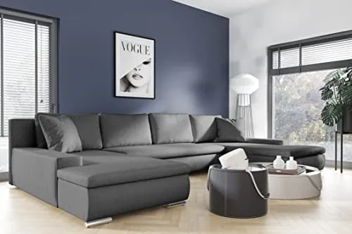 Canapé d'angle panoramique Convertible en lit KORSE II en Tissu avec Coffre de Rangement (Gris)