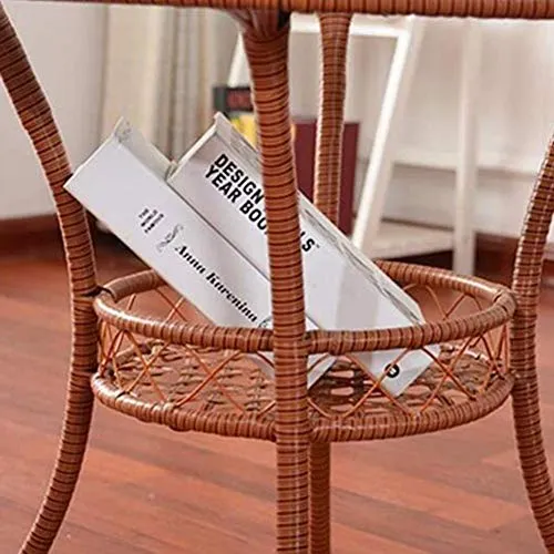 Zidao Rotin Table Basse Ronde, Plateau en Verre Cadre en Acier Tablette inférieure Patio mobi Petite Table thé Table Ronde Table de Loisirs Simple Moderne,Marron