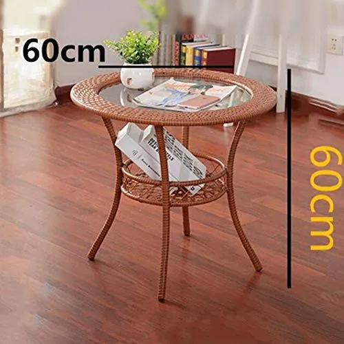 Zidao Rotin Table Basse Ronde, Plateau en Verre Cadre en Acier Tablette inférieure Patio mobi Petite Table thé Table Ronde Table de Loisirs Simple Moderne,Marron
