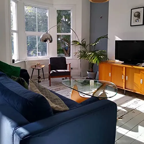 Noguchi Table Basse en Verre Triangulaire Table d'extrémité en Verre Vintage, Base en Bois Massif et Plateau en Verre Transparent Table d'extrémité Moderne pour Le Salon, Le Patio ou Le Bureau.