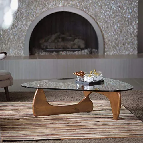 Noguchi Table Basse en Verre Triangulaire Table d'extrémité en Verre Vintage, Base en Bois Massif et Plateau en Verre Transparent Table d'extrémité Moderne pour Le Salon, Le Patio ou Le Bureau.