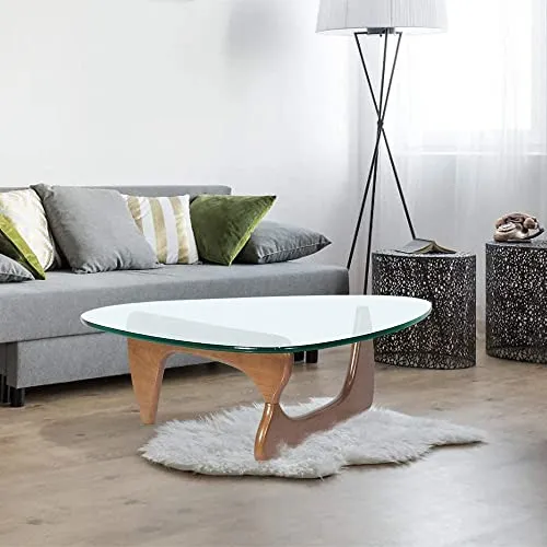 Noguchi Table Basse en Verre Triangulaire Table d'extrémité en Verre Vintage, Base en Bois Massif et Plateau en Verre Transparent Table d'extrémité Moderne pour Le Salon, Le Patio ou Le Bureau.