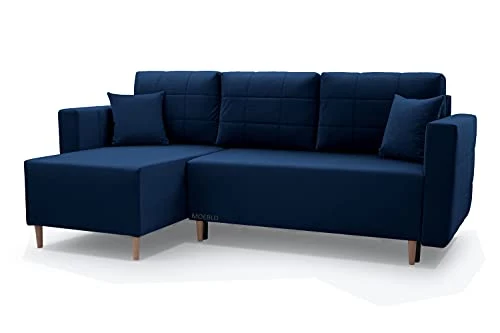 E- MEUBLES Canapé d'angle réversible en lit Convertible avec Coffre de Rangement 3/4 Places - en Tissu (Velours) - Salon & séjour - Design scandinave - Santos (Bleu Marine)