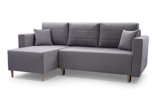 E- MEUBLES Canapé d'angle réversible en lit Convertible avec Coffre de Rangement 3/4 Places - en Tissu (Velours) - Salon & séjour - Design scandinave - Santos (Bleu Marine)