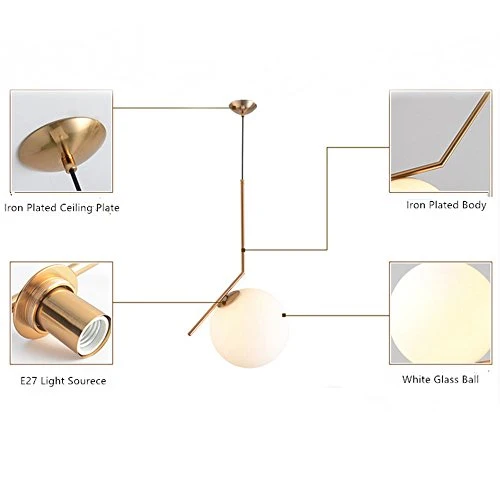 MZStech Moderne Mode Suspension Lampe Fer Verre LED Luminaire Suspension Boule Verre Vec Du Métal Doré(25CM)