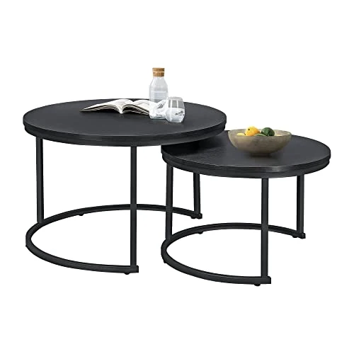 [en.casa] Set de 2 Tables Basses Rondes Gigognes Table de Salon Panneaux de Particules Métal Tailles Différentes Noir