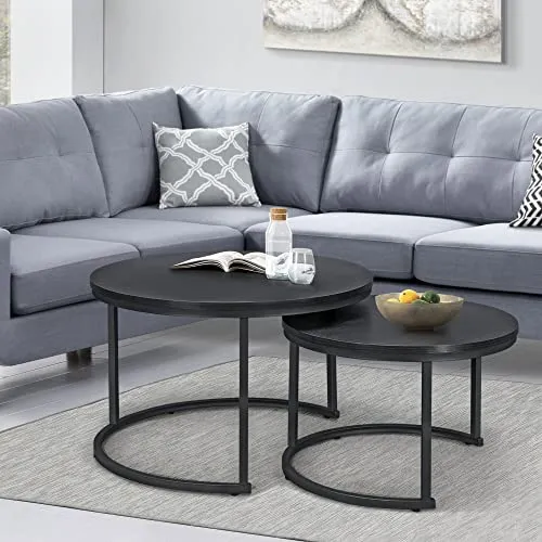 [en.casa] Set de 2 Tables Basses Rondes Gigognes Table de Salon Panneaux de Particules Métal Tailles Différentes Noir