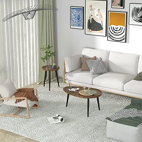 FATIVO Table Basse Salon en Bois: Lot de 2 Table Gigogne Industrielle Lot de 2 Table d’Appoint Ovale de Café Design Moderne Guéridon Rond pour Salon Bureau Chambre - Noyer/Noir