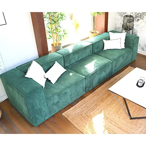 HOMIFAB Canapé modulable 4 Places en Velours côtelé Vert - Roma - Fabriqué en France