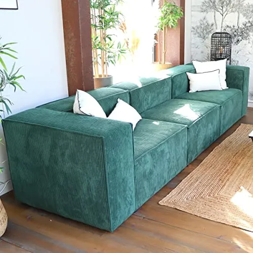 HOMIFAB Canapé modulable 4 Places en Velours côtelé Vert - Roma - Fabriqué en France