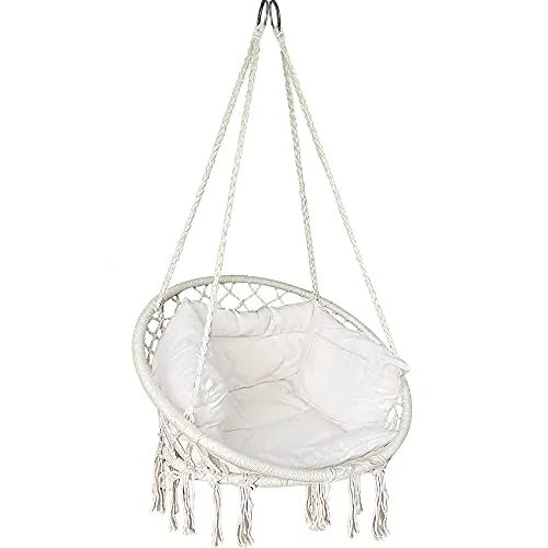 VOUNOT Fauteuil Suspendu à Franges avec Coussins de Siège Confortables et Kit de Suspension Durable Ø80cm Chaise Balançoires pour Intérieur et Extérieur Siège Suspendu Beige