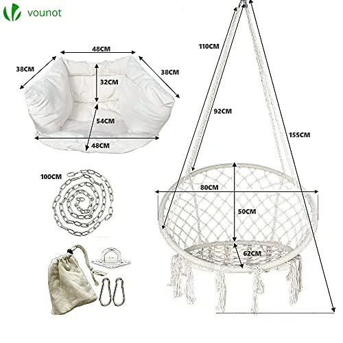 VOUNOT Fauteuil Suspendu à Franges avec Coussins de Siège Confortables et Kit de Suspension Durable Ø80cm Chaise Balançoires pour Intérieur et Extérieur Siège Suspendu Beige