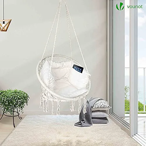 VOUNOT Fauteuil Suspendu à Franges avec Coussins de Siège Confortables et Kit de Suspension Durable Ø80cm Chaise Balançoires pour Intérieur et Extérieur Siège Suspendu Beige