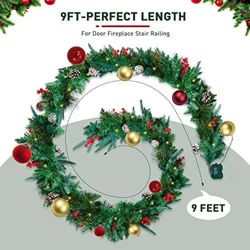 wucgea 2.7m Guirlande Sapin Noël – Extérieures Guirlande Sapin Artificiel avec lumières et Pommes de pin Boules de Noel pour décorer Manteau de cheminée Porte fenêtre escaliers Garde-Corps
