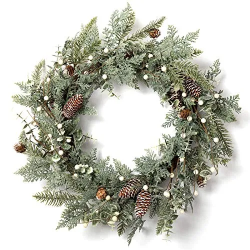 BEJOY Couronne de Noël Artificielle, 56cm Pomme de Pin Vigne Floquée Couronne de Sapin à Paillettes avec Baies Blanches pour Noël Maison Porte D'entrée Suspendue Mur Fenêtre Décor