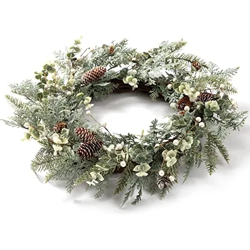 BEJOY Couronne de Noël Artificielle, 56cm Pomme de Pin Vigne Floquée Couronne de Sapin à Paillettes avec Baies Blanches pour Noël Maison Porte D'entrée Suspendue Mur Fenêtre Décor