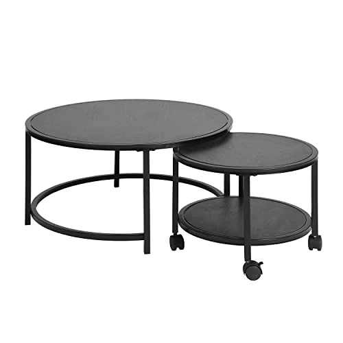MEUBLE COSY Lot de 2 Tables Basses Gigognes Ronde avec roulettes Bout de Canapé en Bois et Cadre en Métal, Noir, 80x80x40/50x50x36cm