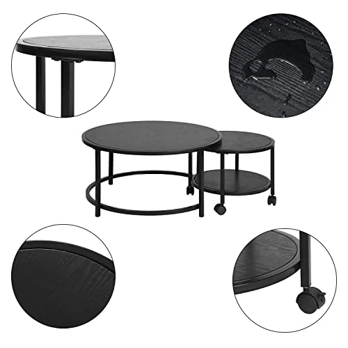 MEUBLE COSY Lot de 2 Tables Basses Gigognes Ronde avec roulettes Bout de Canapé en Bois et Cadre en Métal, Noir, 80x80x40/50x50x36cm