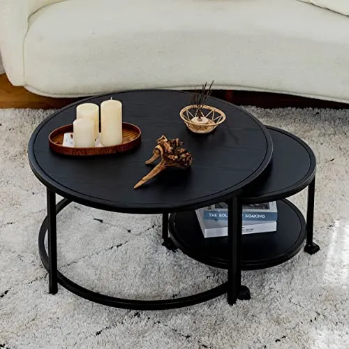 MEUBLE COSY Lot de 2 Tables Basses Gigognes Ronde avec roulettes Bout de Canapé en Bois et Cadre en Métal, Noir, 80x80x40/50x50x36cm