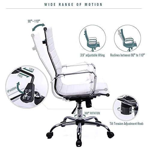 Exofcer Chaise de Bureau Blanc Cuir PU Haute Dossier incurvé Home Executive Ordinateur Pivotant Fauteuil de Bureau (Blanc)