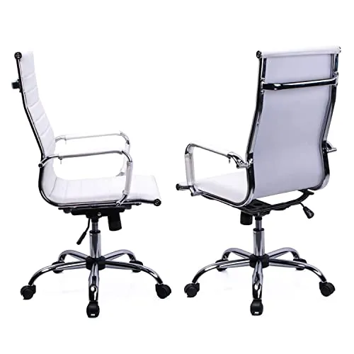 Exofcer Chaise de Bureau Blanc Cuir PU Haute Dossier incurvé Home Executive Ordinateur Pivotant Fauteuil de Bureau (Blanc)