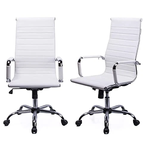 Exofcer Chaise de Bureau Blanc Cuir PU Haute Dossier incurvé Home Executive Ordinateur Pivotant Fauteuil de Bureau (Blanc)