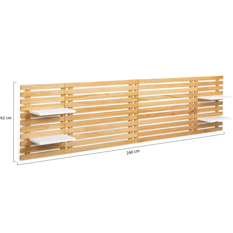 IDMarket - Tête de lit Lattes AVA 240 CM Bois Clair et étagères Blanches