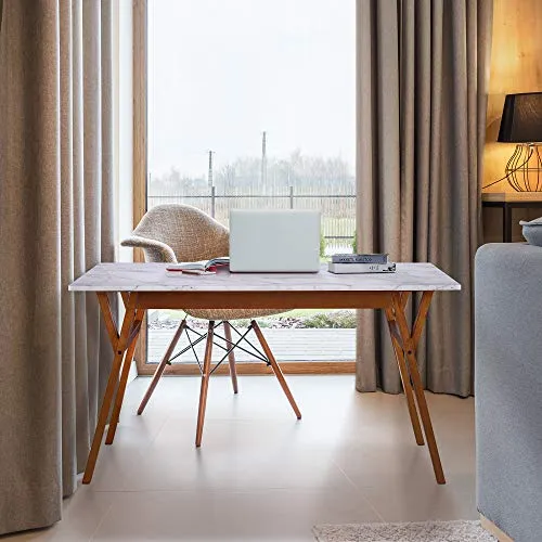 Teamson Home Table à Manger rectangulaire Faux marbre Blanc Pieds Noyer Ashton VNF-00079W