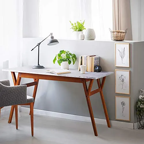Teamson Home Table à Manger rectangulaire Faux marbre Blanc Pieds Noyer Ashton VNF-00079W
