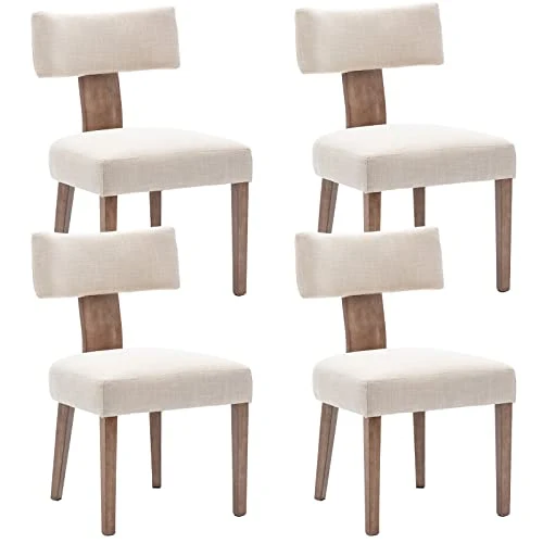 Wahson Lot de 4 Chaises de Salle à Manger en Tissu de Lin Chaise de Cuisine avec Pieds Bois, Chaises de Salon Rembourrées Style Vintage (Crème)