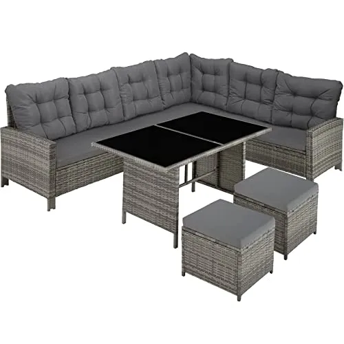 Tectake 800824 Salon de Jardin en Résine Tressée Modulable 1 Canapé d’Angle 1 Table 2 Poufs Tabourets - Diverses Couleurs (Gris tacheté/Gris)
