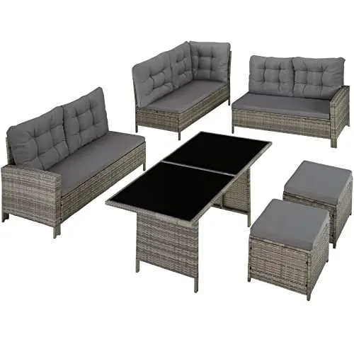 Tectake 800824 Salon de Jardin en Résine Tressée Modulable 1 Canapé d’Angle 1 Table 2 Poufs Tabourets - Diverses Couleurs (Gris tacheté/Gris)
