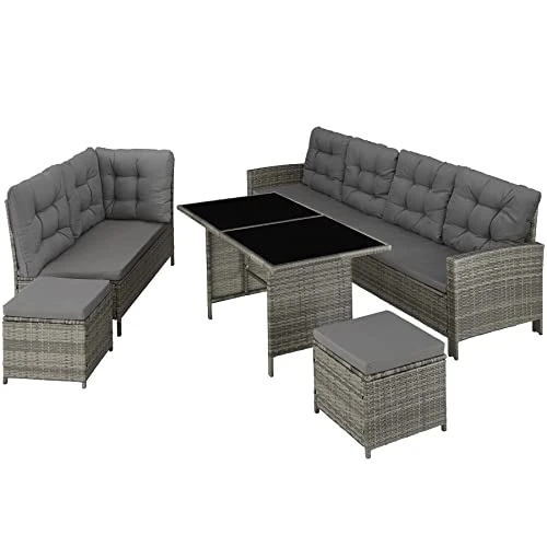 Tectake 800824 Salon de Jardin en Résine Tressée Modulable 1 Canapé d’Angle 1 Table 2 Poufs Tabourets - Diverses Couleurs (Gris tacheté/Gris)
