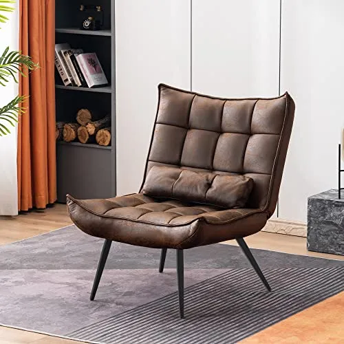 MCombo 4779-1 Fauteuil de détente moderne avec coussin de taille rétro vintage Fauteuil de lecture Fauteuil de salon rembourré sans tabouret, microfibre marron)