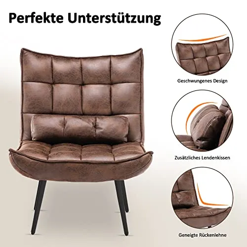 MCombo 4779-1 Fauteuil de détente moderne avec coussin de taille rétro vintage Fauteuil de lecture Fauteuil de salon rembourré sans tabouret, microfibre marron)