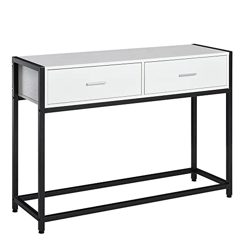 HOMCOM Console Table d'appoint Design dim. 120L x 34l x 81H cm 2 tiroirs métal Noir Panneaux Particules Blanc
