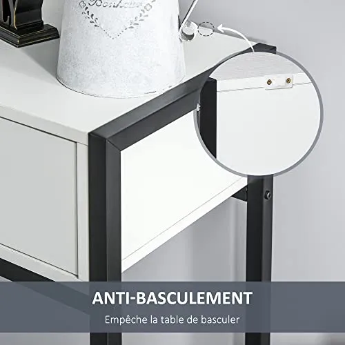 HOMCOM Console Table d'appoint Design dim. 120L x 34l x 81H cm 2 tiroirs métal Noir Panneaux Particules Blanc