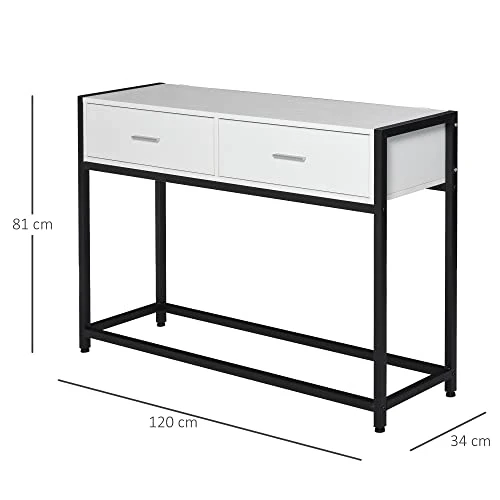 HOMCOM Console Table d'appoint Design dim. 120L x 34l x 81H cm 2 tiroirs métal Noir Panneaux Particules Blanc