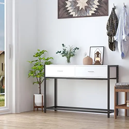 HOMCOM Console Table d'appoint Design dim. 120L x 34l x 81H cm 2 tiroirs métal Noir Panneaux Particules Blanc