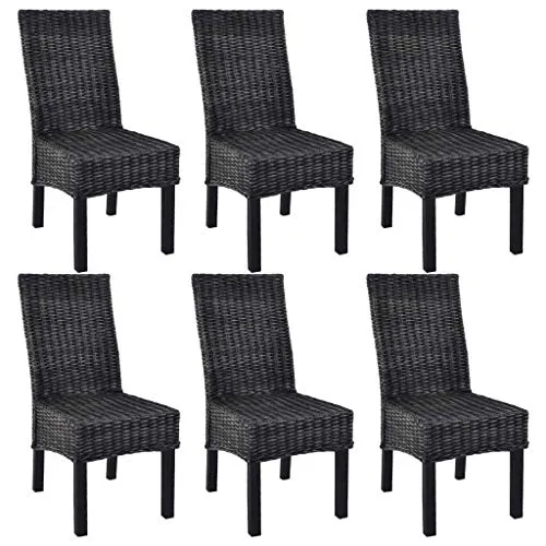 Tidyard Lot de 6 Chaises de Salle à Manger en Rotin Kubu et Bois de Manguier Fabrication à la Main Style Moderne Noir 46 x 61 x 93 cm