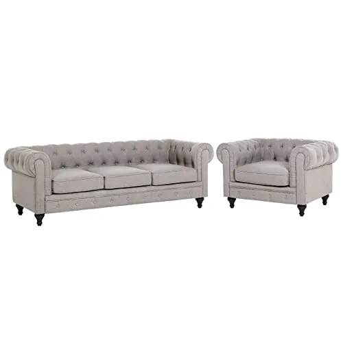 Beliani - Ensemble Canapé et Fauteuil - Chesterfield - 3 Places, en Tissu et Bois de Chêne, Gris Clair