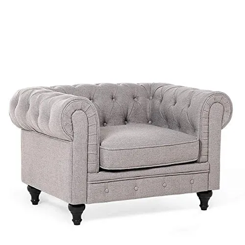 Beliani - Ensemble Canapé et Fauteuil - Chesterfield - 3 Places, en Tissu et Bois de Chêne, Gris Clair