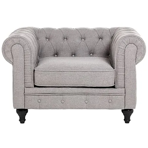 Beliani - Ensemble Canapé et Fauteuil - Chesterfield - 3 Places, en Tissu et Bois de Chêne, Gris Clair