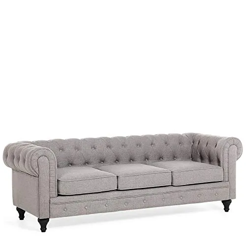 Beliani - Ensemble Canapé et Fauteuil - Chesterfield - 3 Places, en Tissu et Bois de Chêne, Gris Clair