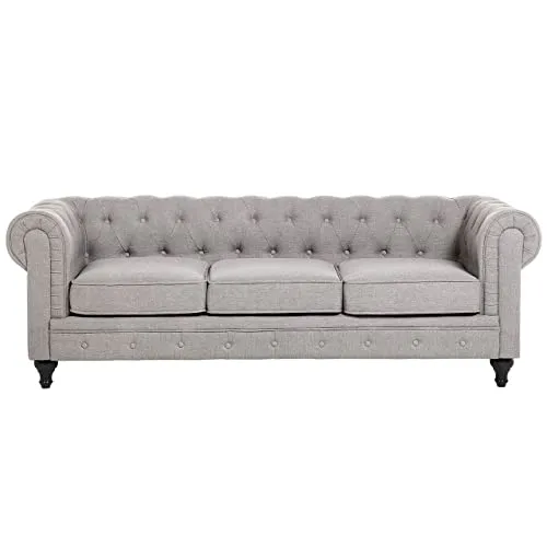 Beliani - Ensemble Canapé et Fauteuil - Chesterfield - 3 Places, en Tissu et Bois de Chêne, Gris Clair