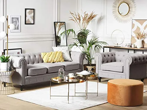 Beliani - Ensemble Canapé et Fauteuil - Chesterfield - 3 Places, en Tissu et Bois de Chêne, Gris Clair