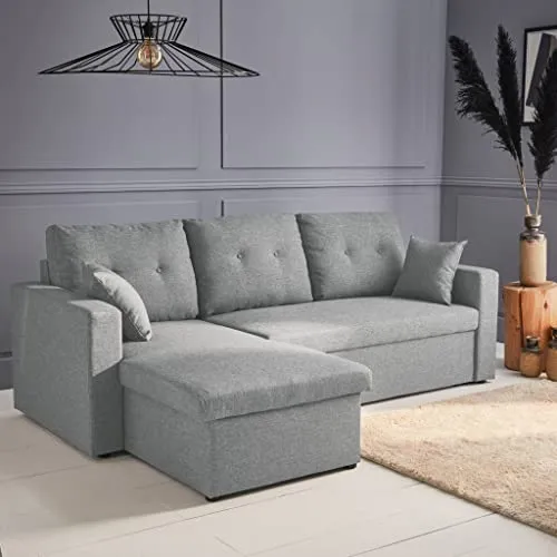 Alice's Home - Canapé d'angle Convertible en Tissu Gris Clair - IDA - 3 Places. Fauteuil d'angle réversible Coffre Rangement lit modulable. 2 Coussins Inclus.